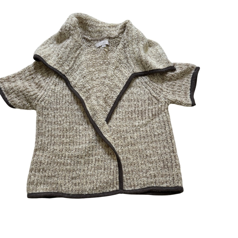 LOFT Cardigan Womens XS Oatmeal Brown Trim Short Sleeve Wool Blend Open Front